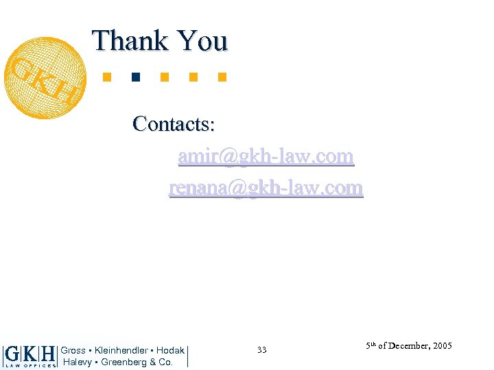 Thank You Contacts: amir@gkh-law. com renana@gkh-law. com L A W O F F I