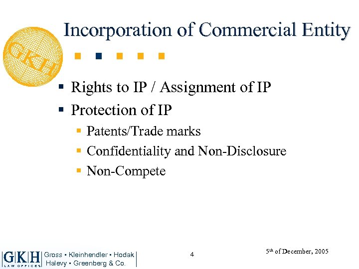Incorporation of Commercial Entity § Rights to IP / Assignment of IP § Protection