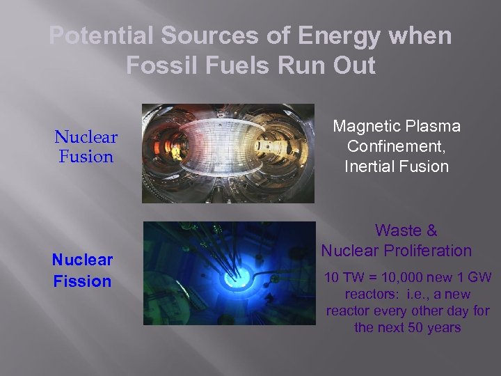 Potential Sources of Energy when Fossil Fuels Run Out Nuclear Fusion Nuclear Fission Magnetic
