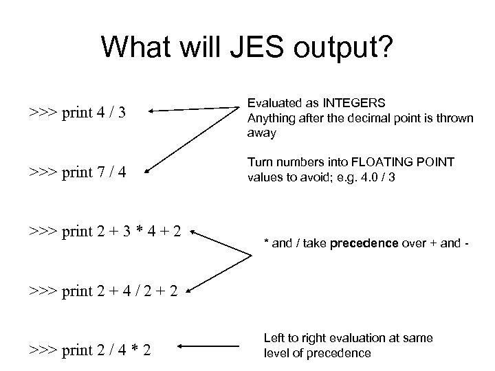 What will JES output? >>> print 4 / 3 Evaluated as INTEGERS Anything after