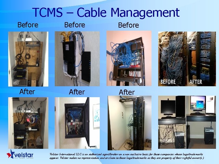 TCMS – Cable Management Before After Velstar International LLC is an authorized agent/broker on