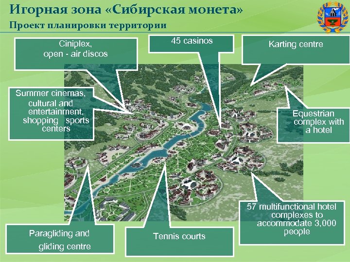 Игорная зона «Сибирская монета» Проект планировки территории Ciniplex, open - air discos 45 casinos