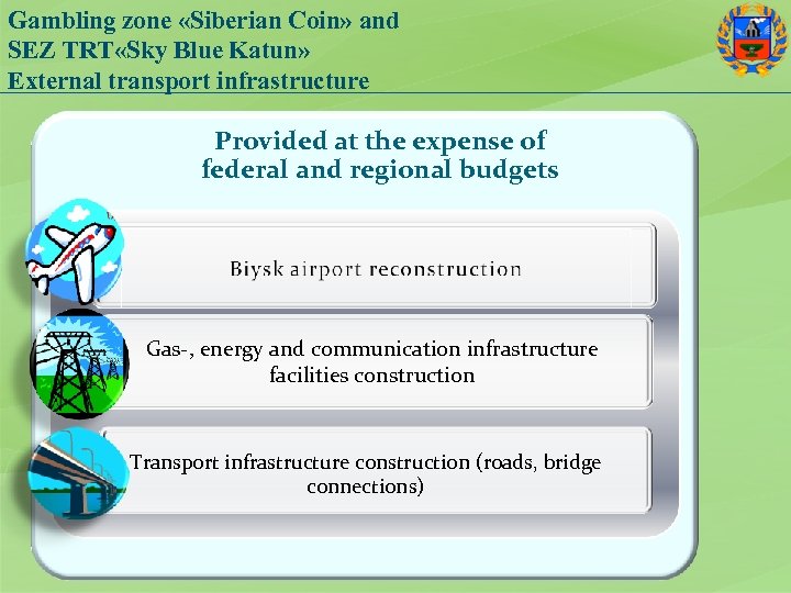 Gambling zone «Siberian Coin» and SEZ TRT «Sky Blue Katun» External transport infrastructure Provided