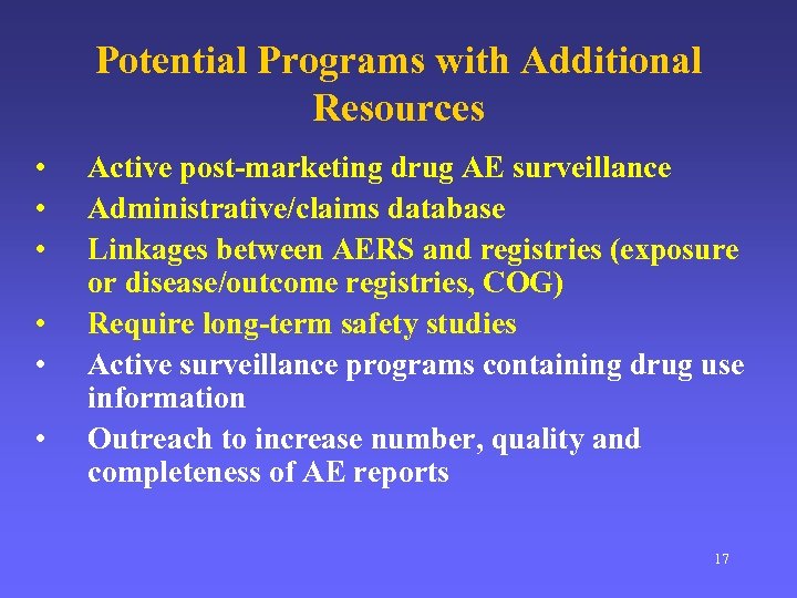 Potential Programs with Additional Resources • • • Active post-marketing drug AE surveillance Administrative/claims
