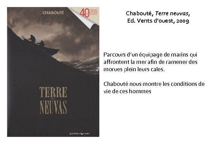 Chabouté, Terre neuvas, Ed. Vents d’ouest, 2009 Parcours d’un équipage de marins qui affrontent