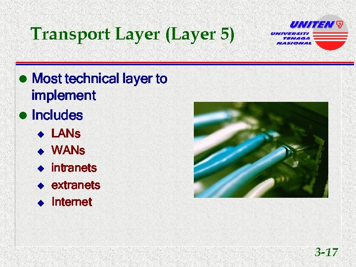 Transport Layer (Layer 5) l Most technical layer to implement l Includes u u