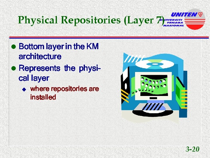 Physical Repositories (Layer 7) l Bottom layer in the KM architecture l Represents the