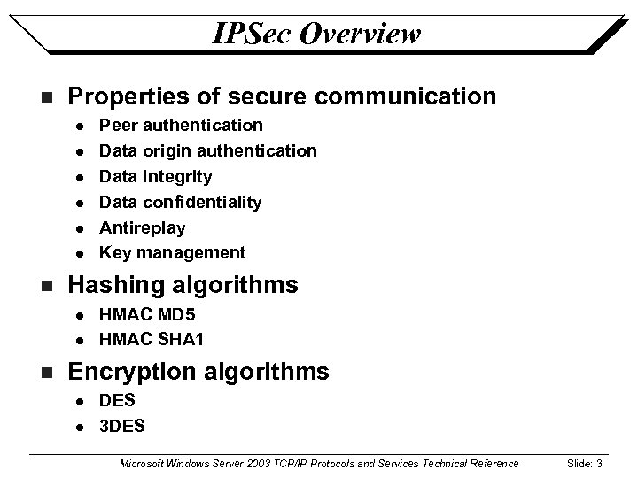 IPSec Overview n Properties of secure communication l l l n Hashing algorithms l