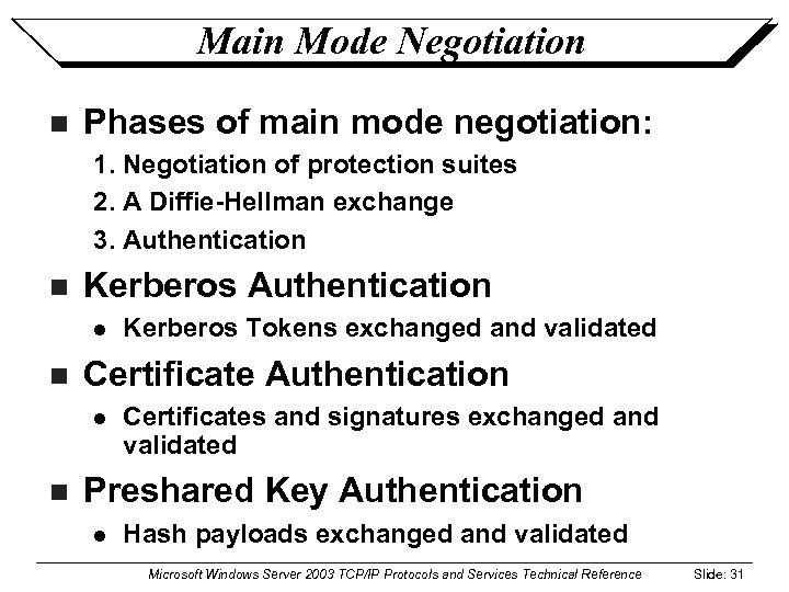 Main Mode Negotiation n Phases of main mode negotiation: 1. Negotiation of protection suites