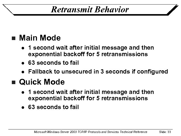 Retransmit Behavior n Main Mode l l l n 1 second wait after initial