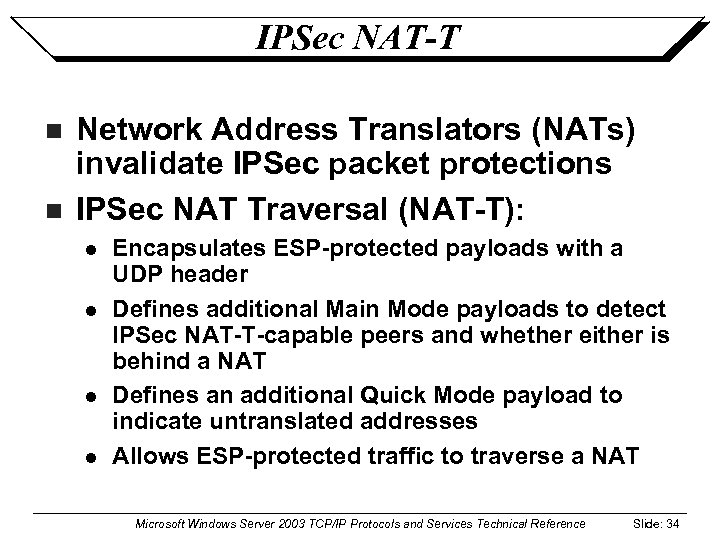 IPSec NAT-T n n Network Address Translators (NATs) invalidate IPSec packet protections IPSec NAT