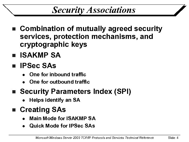 Security Associations n n n Combination of mutually agreed security services, protection mechanisms, and
