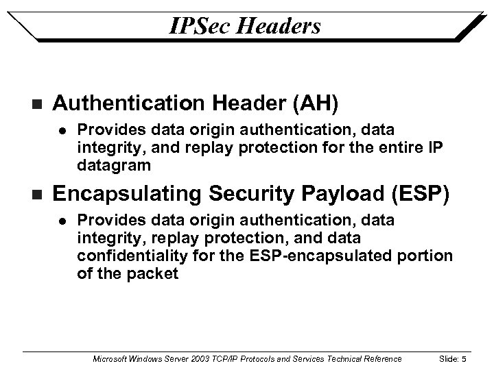 IPSec Headers n Authentication Header (AH) l n Provides data origin authentication, data integrity,