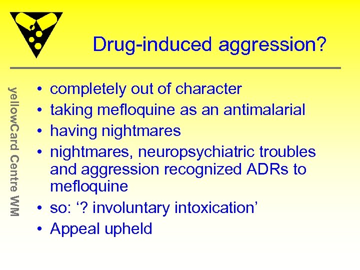 Drug-induced aggression? yellow. Card Centre WM • • completely out of character taking mefloquine