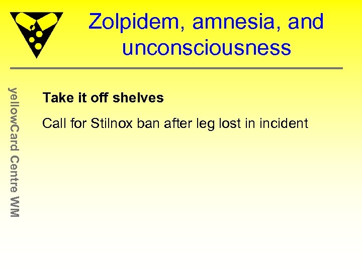 Zolpidem, amnesia, and unconsciousness yellow. Card Centre WM Take it off shelves Call for