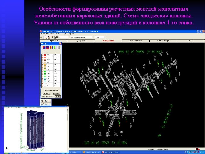 Особенности формирования расчетных моделей монолитных железобетонных каркасных зданий. Схема «подвески» колонны. Усилия от собственного