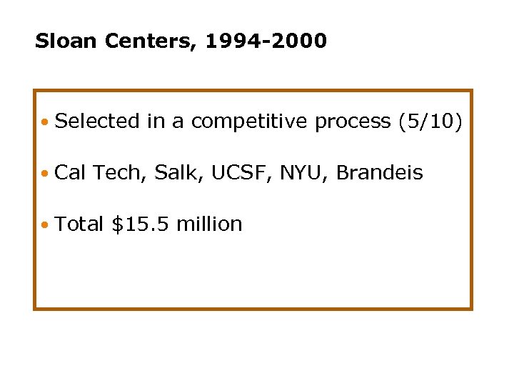 Sloan Centers, 1994 -2000 Selected in a competitive process (5/10) Cal Tech, Salk, UCSF,