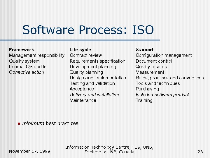 Software Process: ISO Framework Management responsibility Quality system Internal QS audits Corrective action n