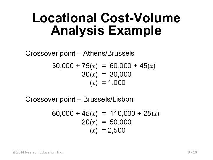 Locational Cost-Volume Analysis Example Crossover point – Athens/Brussels 30, 000 + 75(x) = 60,