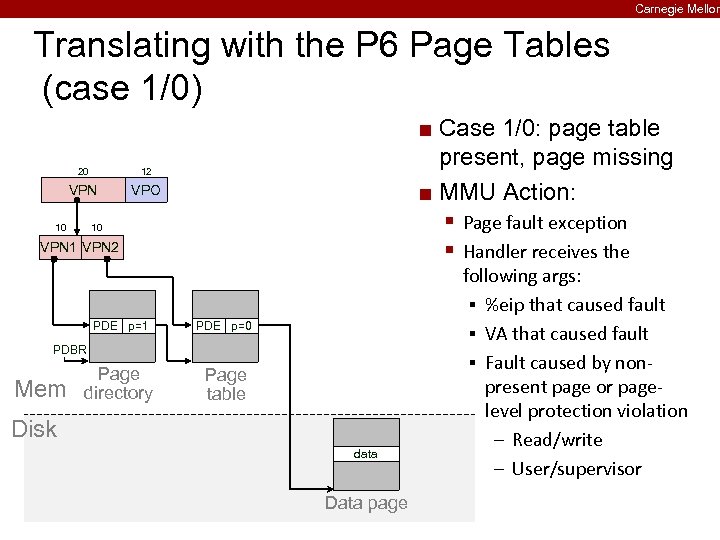 Carnegie Mellon Translating with the P 6 Page Tables (case 1/0) Case 1/0: page