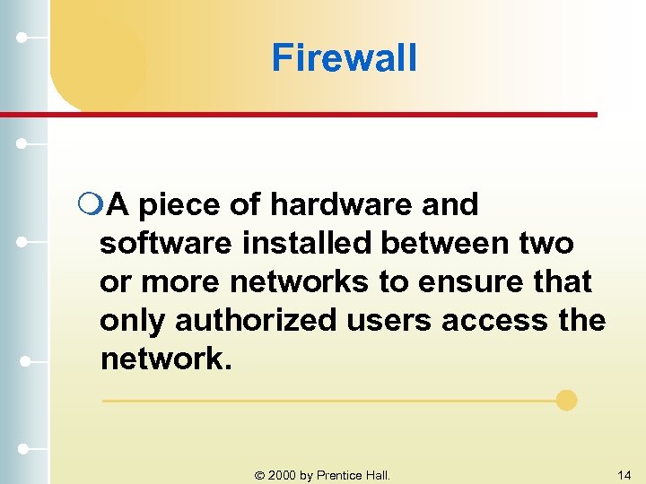 Firewall m. A piece of hardware and software installed between two or more networks