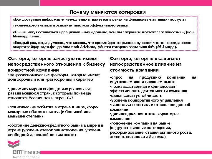 Почему меняются котировки «Вся доступная информация немедленно отражается в ценах на финансовые активы» -