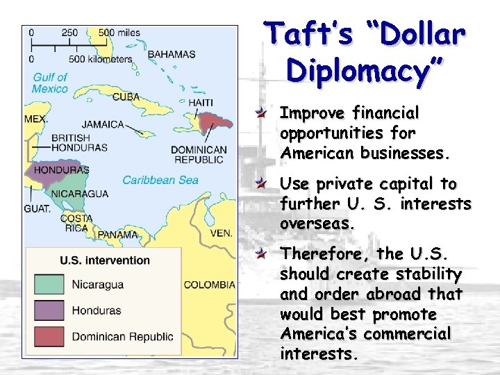 Taft’s “Dollar Diplomacy” Improve financial opportunities for American businesses. Use private capital to further