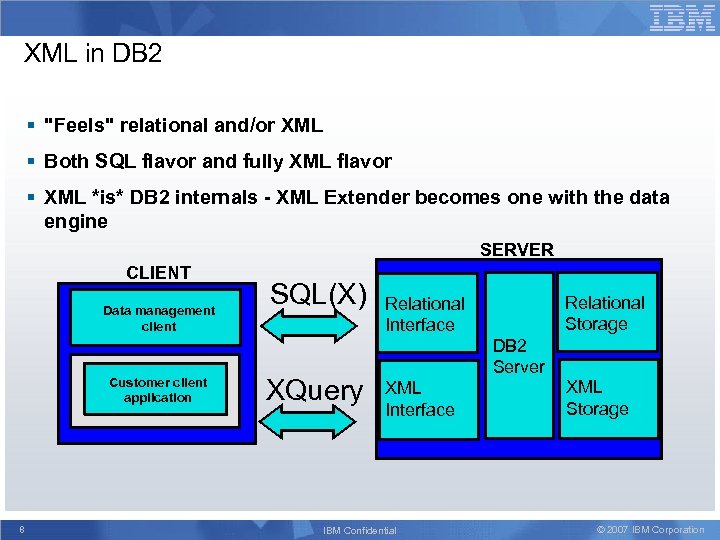 XML in DB 2 § "Feels" relational and/or XML § Both SQL flavor and