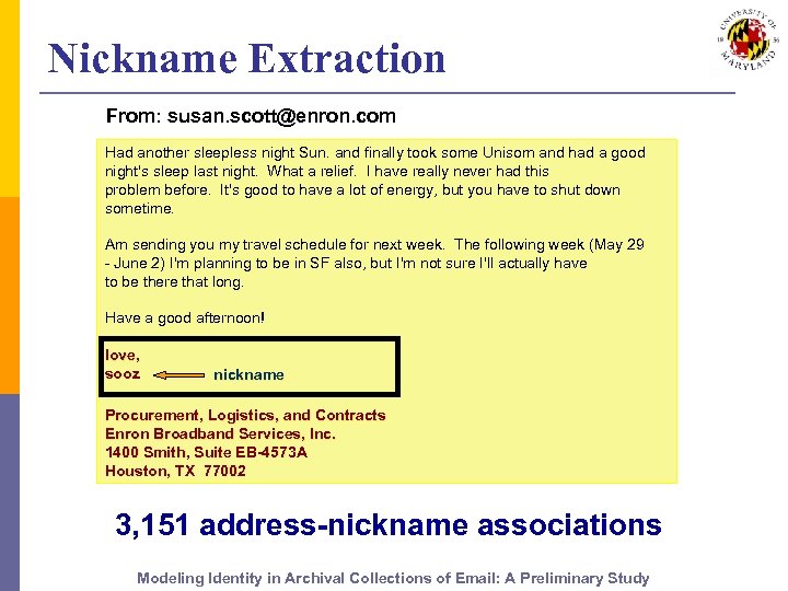 Nickname Extraction From: susan. scott@enron. com Had another sleepless night Sun. and finally took