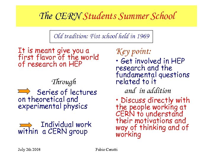 The CERN Students Summer School Old tradition: Fist school held in 1969 It is