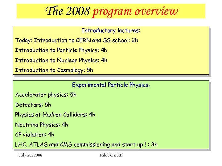 The 2008 program overview Introductory lectures: Today: Introduction to CERN and SS school: 2
