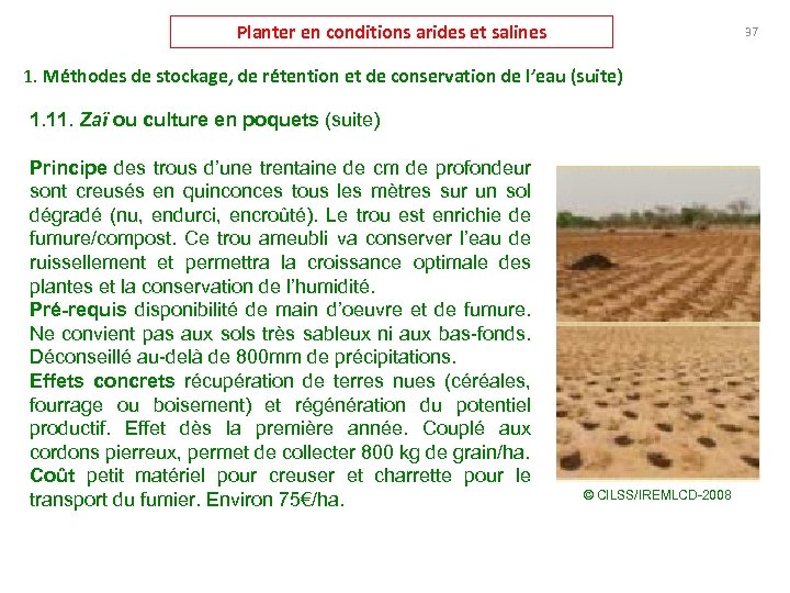 Planter en conditions arides et salines 37 1. Méthodes de stockage, de rétention et