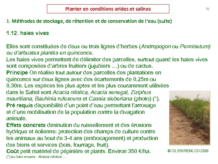 Planter en conditions arides et salines 39 1. Méthodes de stockage, de rétention et