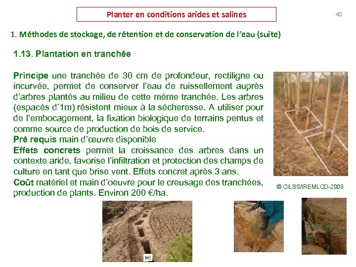 Planter en conditions arides et salines 40 1. Méthodes de stockage, de rétention et