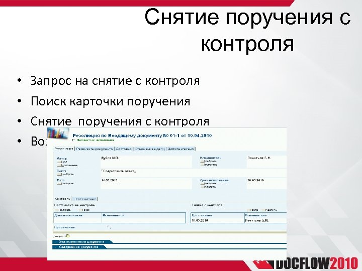 Снятие поручения с контроля • • Запрос на снятие с контроля Поиск карточки поручения