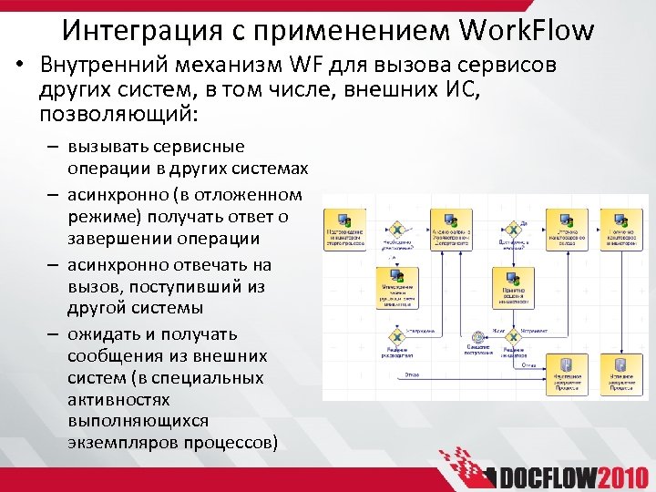 Интеграция с применением Work. Flow • Внутренний механизм WF для вызова сервисов других систем,