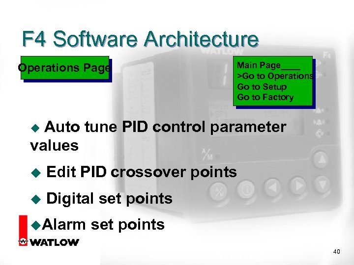 F 4 Software Architecture Operations Page Main Page____ >Go to Operations Go to Setup