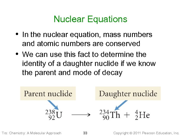 Nuclear Equations • In the nuclear equation, mass numbers • and atomic numbers are