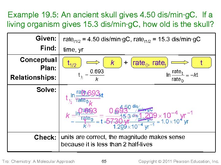 Example 19. 5: An ancient skull gives 4. 50 dis/min∙g. C. If a living