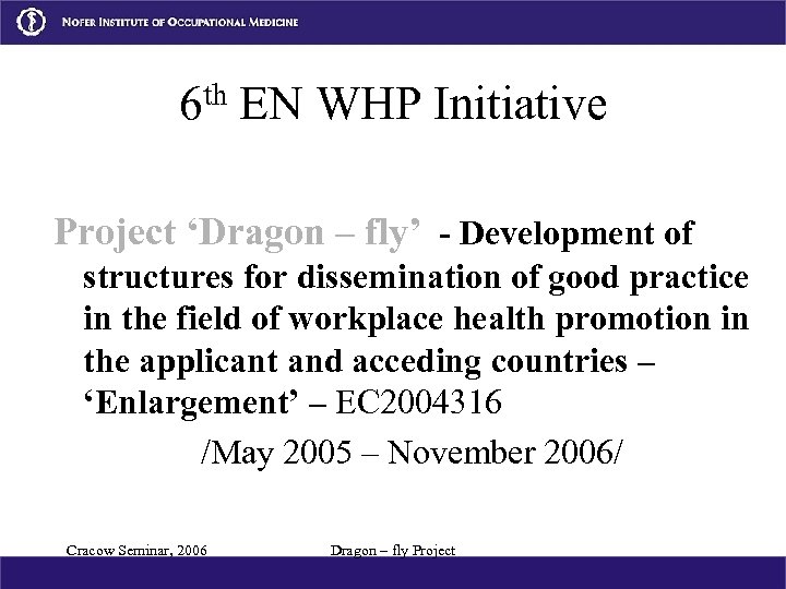 th EN WHP Initiative 6 Project ‘Dragon – fly’ - Development of structures for