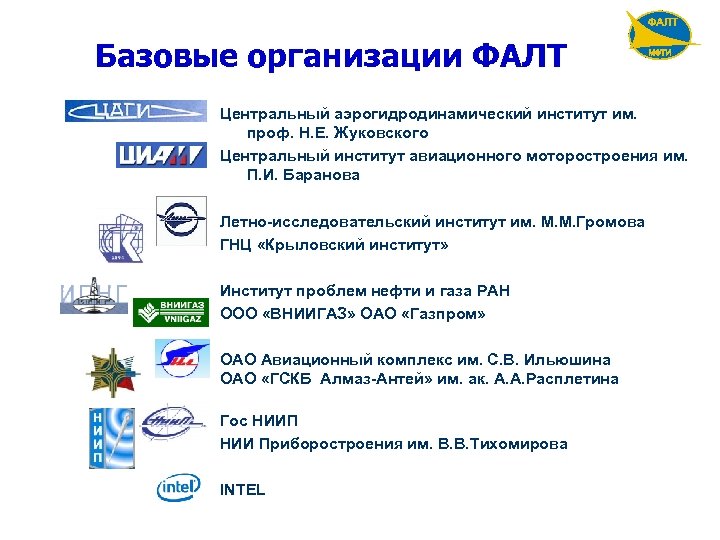 Базовые организации ФАЛТ Центральный аэрогидродинамический институт им. проф. Н. Е. Жуковского Центральный институт авиационного