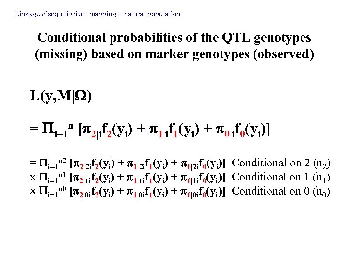 Linkage disequilibrium mapping – natural population Conditional probabilities of the QTL genotypes (missing) based