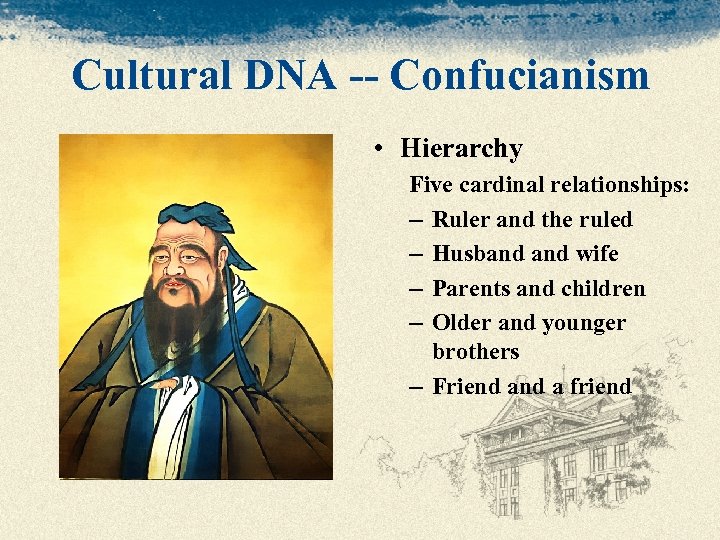 Cultural DNA -- Confucianism • Hierarchy Five cardinal relationships: – Ruler and the ruled