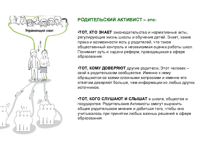 РОДИТЕЛЬСКИЙ АКТИВИСТ – это: • ТОТ, КТО ЗНАЕТ законодательство и нормативные акты, регулирующие жизнь