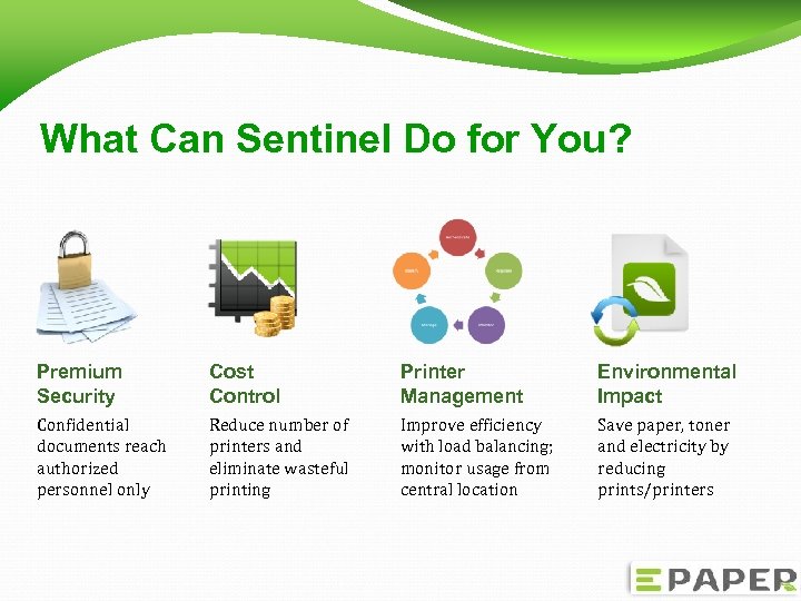 What Can Sentinel Do for You? Premium Security Cost Control Printer Management Environmental Impact