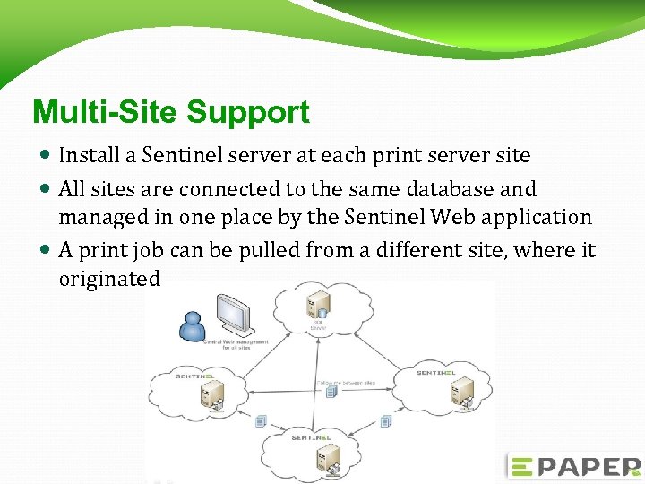 Multi-Site Support Install a Sentinel server at each print server site All sites are