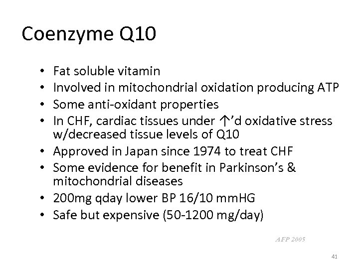 Coenzyme Q 10 • • Fat soluble vitamin Involved in mitochondrial oxidation producing ATP