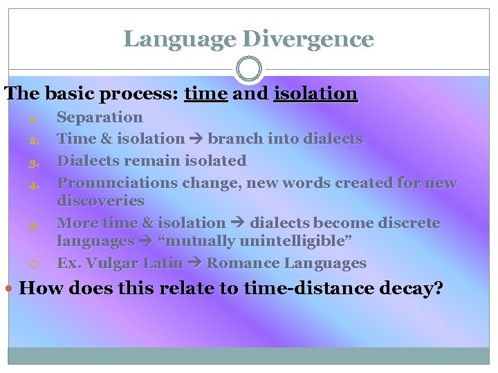 Language Divergence The basic process: time and isolation 1. 2. 3. 4. 5. Separation