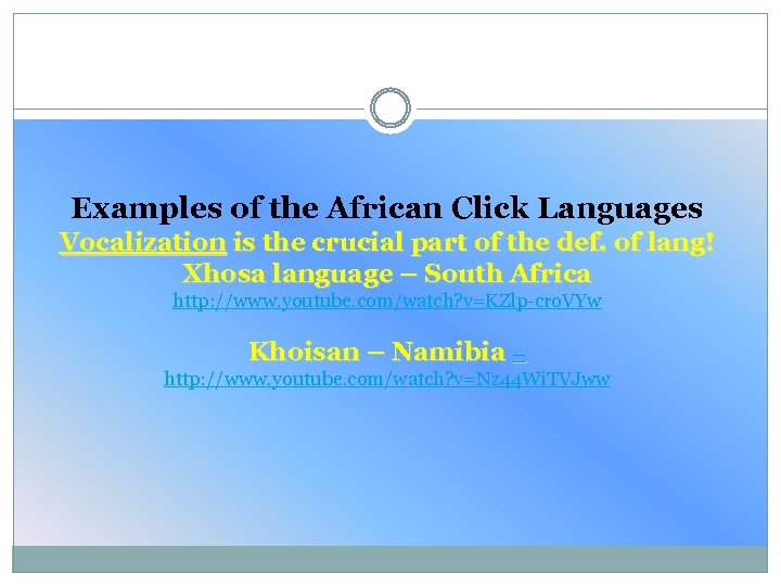 Examples of the African Click Languages Vocalization is the crucial part of the def.