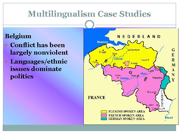 Multilingualism Case Studies Belgium Conflict has been largely nonviolent Languages/ethnic issues dominate politics 